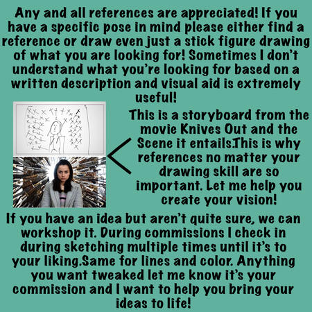 Any and all references of your character or idea are helpful and greatly appreciated even stick figure drawings can be essential to helping me create your vision!