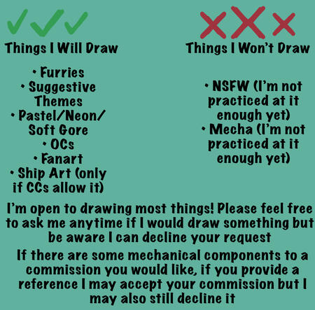 Things I Will Draw Humans, Furries, Suggestive Themes, Pastel/Neon/ Soft Gore, OCs, Fanart. Things I Won’t Draw NSFW I'm not practiced at it enough yet), Mecha (I'm not practiced at it enough yet). I'm open to drawing most things!